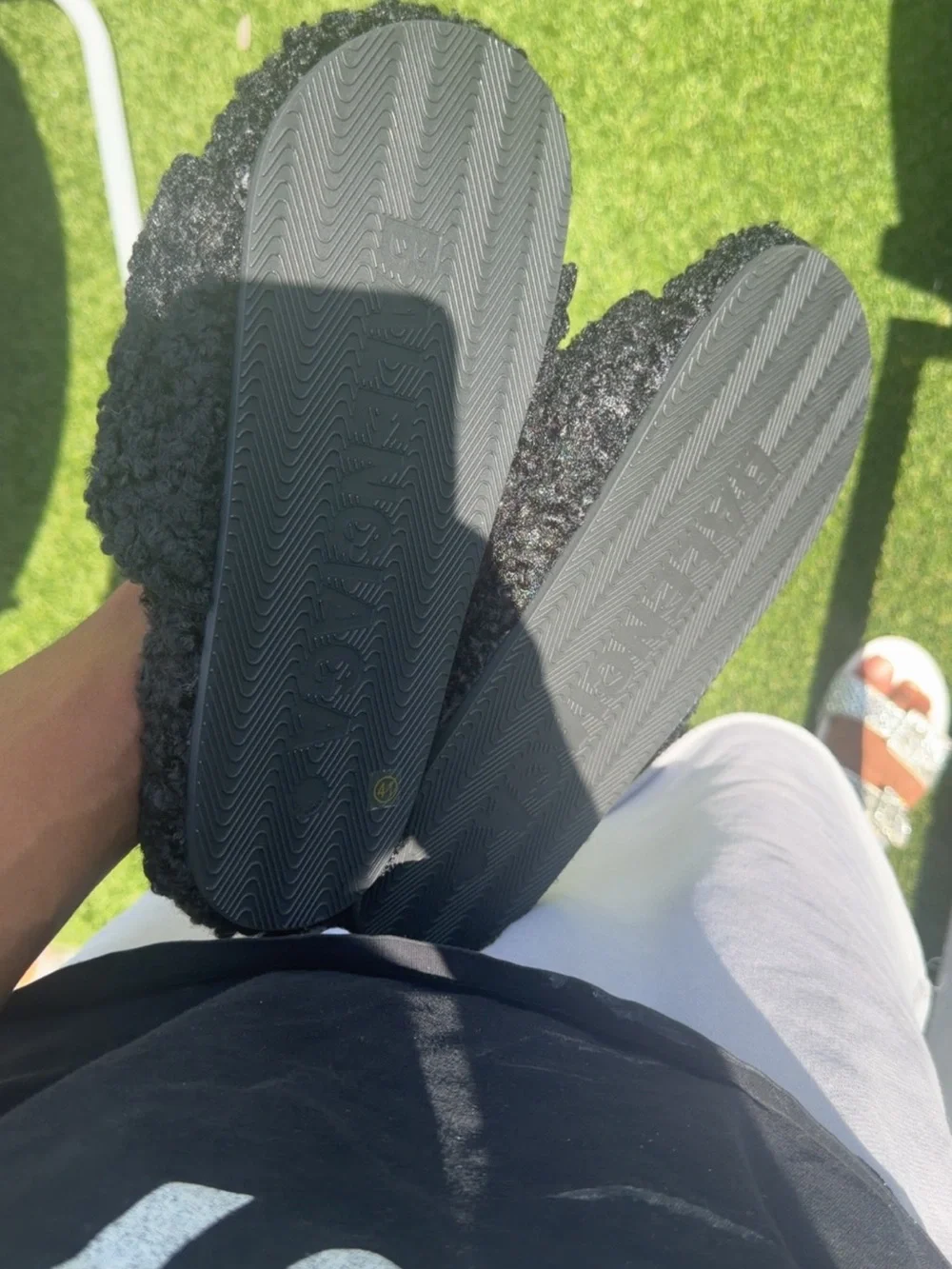 Balenciaga Black Faux-Shearling Logo Slides with Red & White Stripe